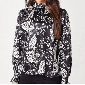 Hunter Bell Black White Silk Blouse Mock Ruffle Neck Long Sleeve Smocked Cuff